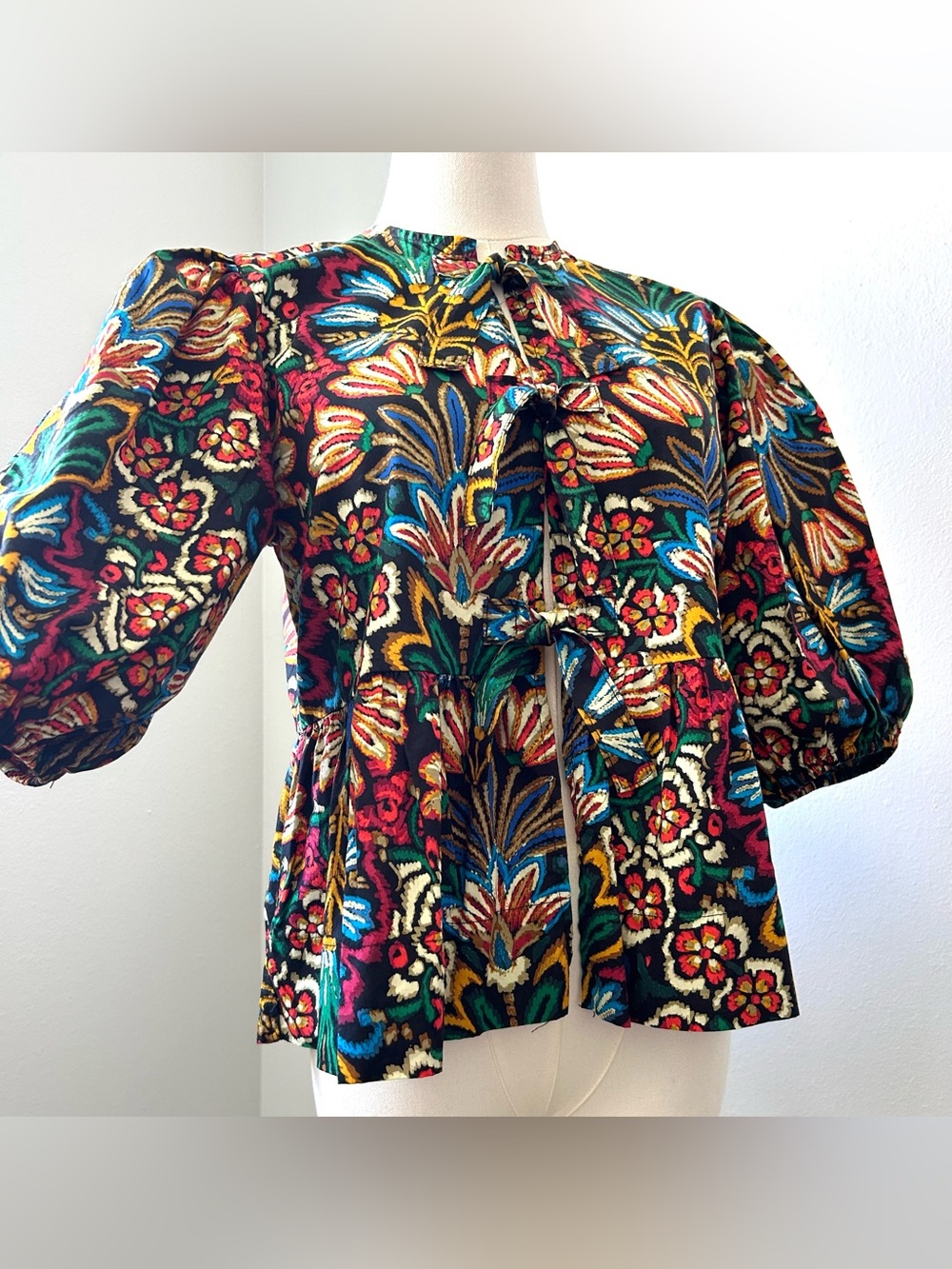 Olivaceous Colorful Botanical Print Peplum Tie Front Puff Sleeve Top Womens M